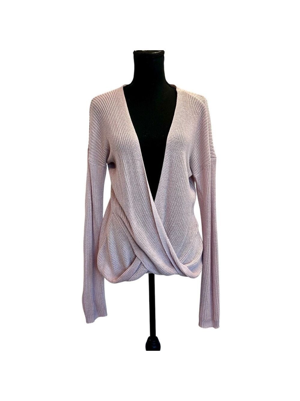 Pastel dusty rose pink crisscross draped knit sweater lightweight long sleeves M